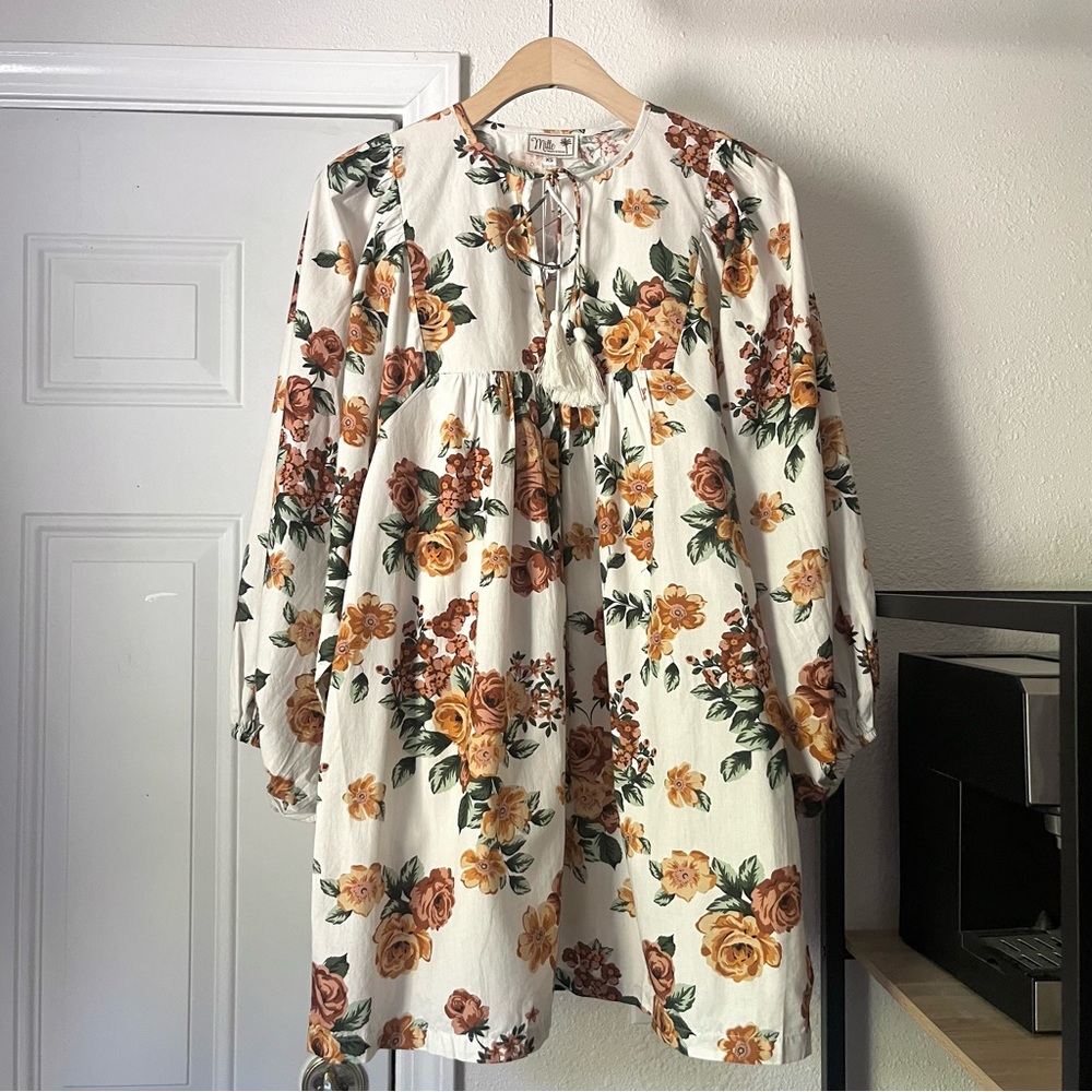 NWT MILLE white orange floral resort babydoll puff long sleeve cotton mini dress